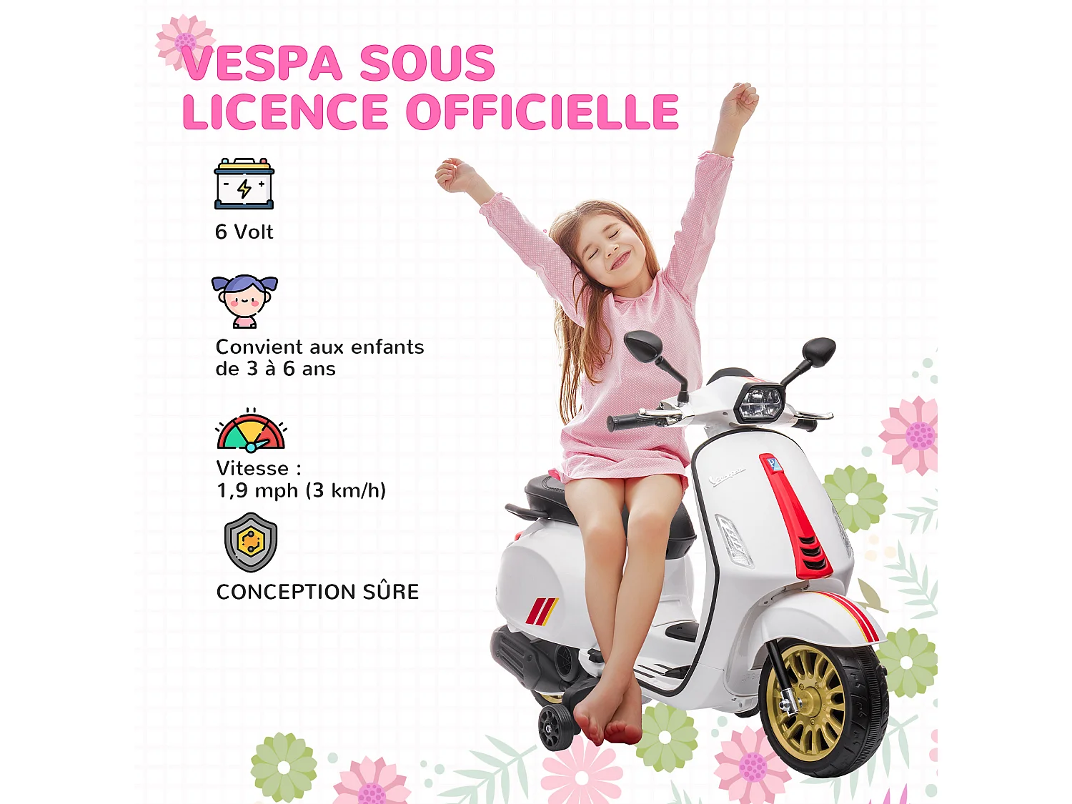 Scooter électrique enfant Vespa 6V - musiques, feu AV, entrée USB, radio FM - 2 roues support aux. - blanc