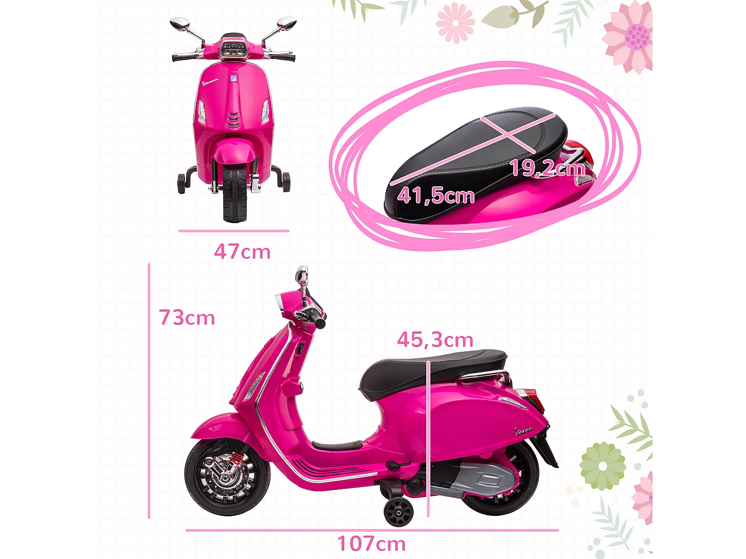 Scooter électrique enfant Vespa 6V - musiques, feu AV, entrée USB, radio FM - 2 roues support aux. - rose