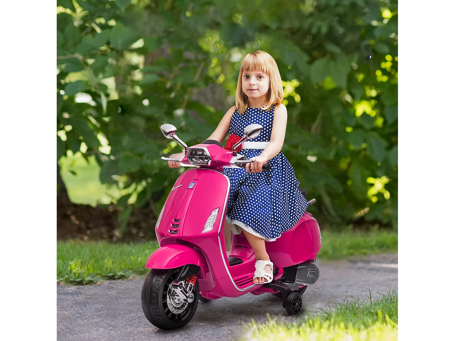 Scooter électrique enfant Vespa 6V - musiques, feu AV, entrée USB, radio FM - 2 roues support aux. - rose