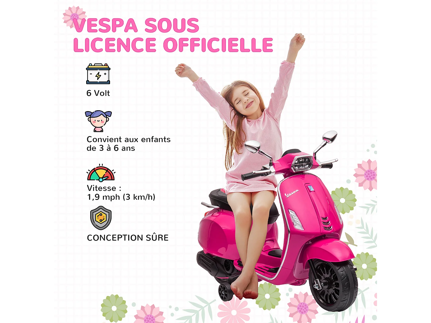 Scooter électrique enfant Vespa 6V - musiques, feu AV, entrée USB, radio FM - 2 roues support aux. - rose