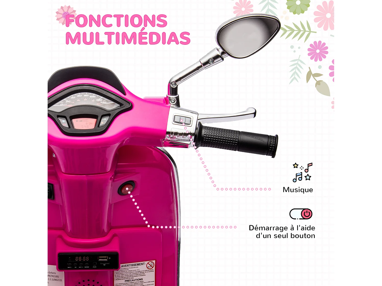 Scooter électrique enfant Vespa 6V - musiques, feu AV, entrée USB, radio FM - 2 roues support aux. - rose