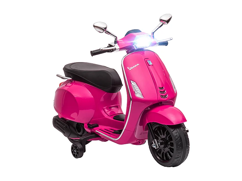 Scooter électrique enfant Vespa 6V - musiques, feu AV, entrée USB, radio FM - 2 roues support aux. - rose