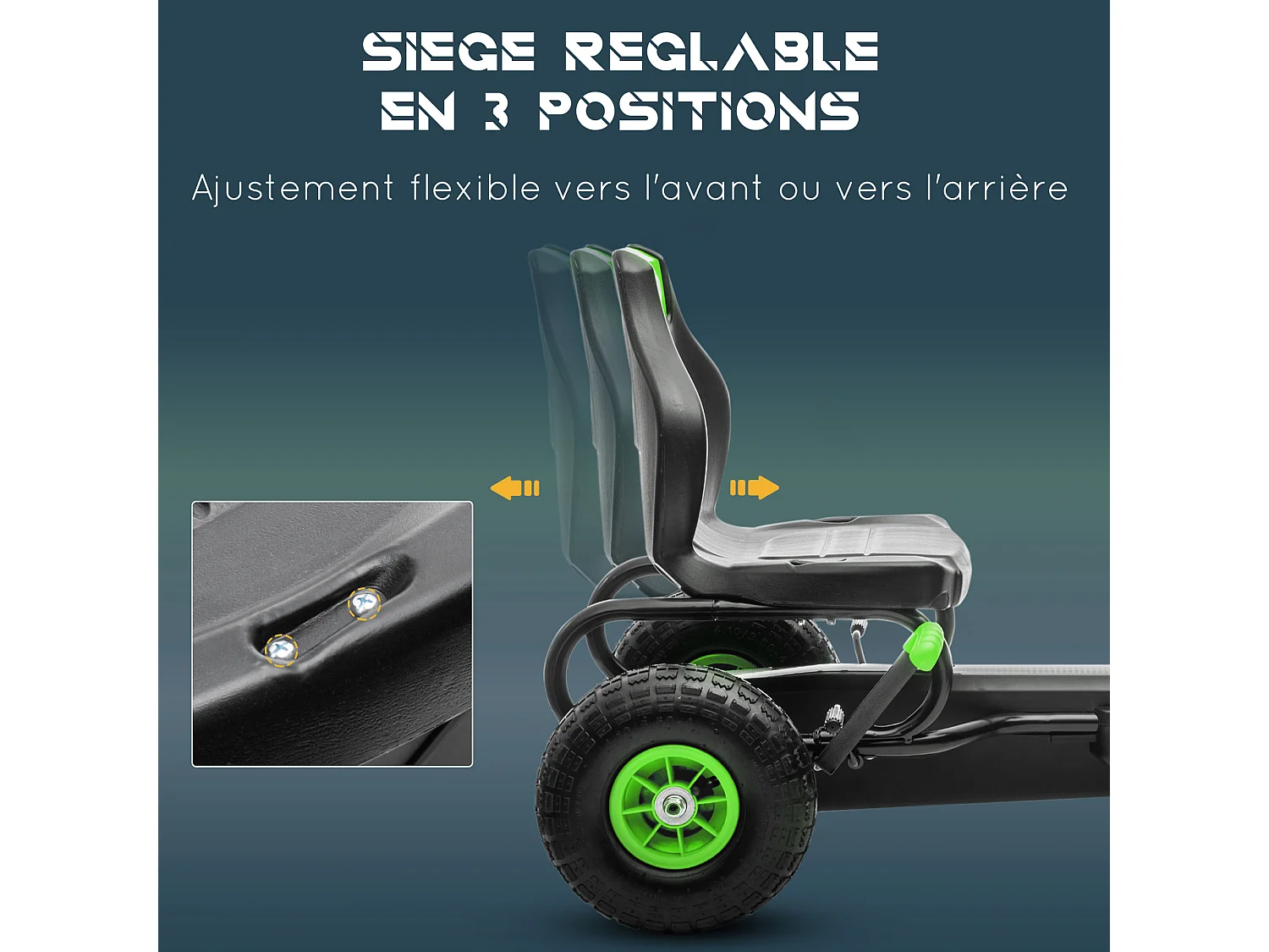 Kart à pédales enfant Go kart Formule 1 Racing Super Power 5 aileron avant pneus gonflables caoutchouc noir vert