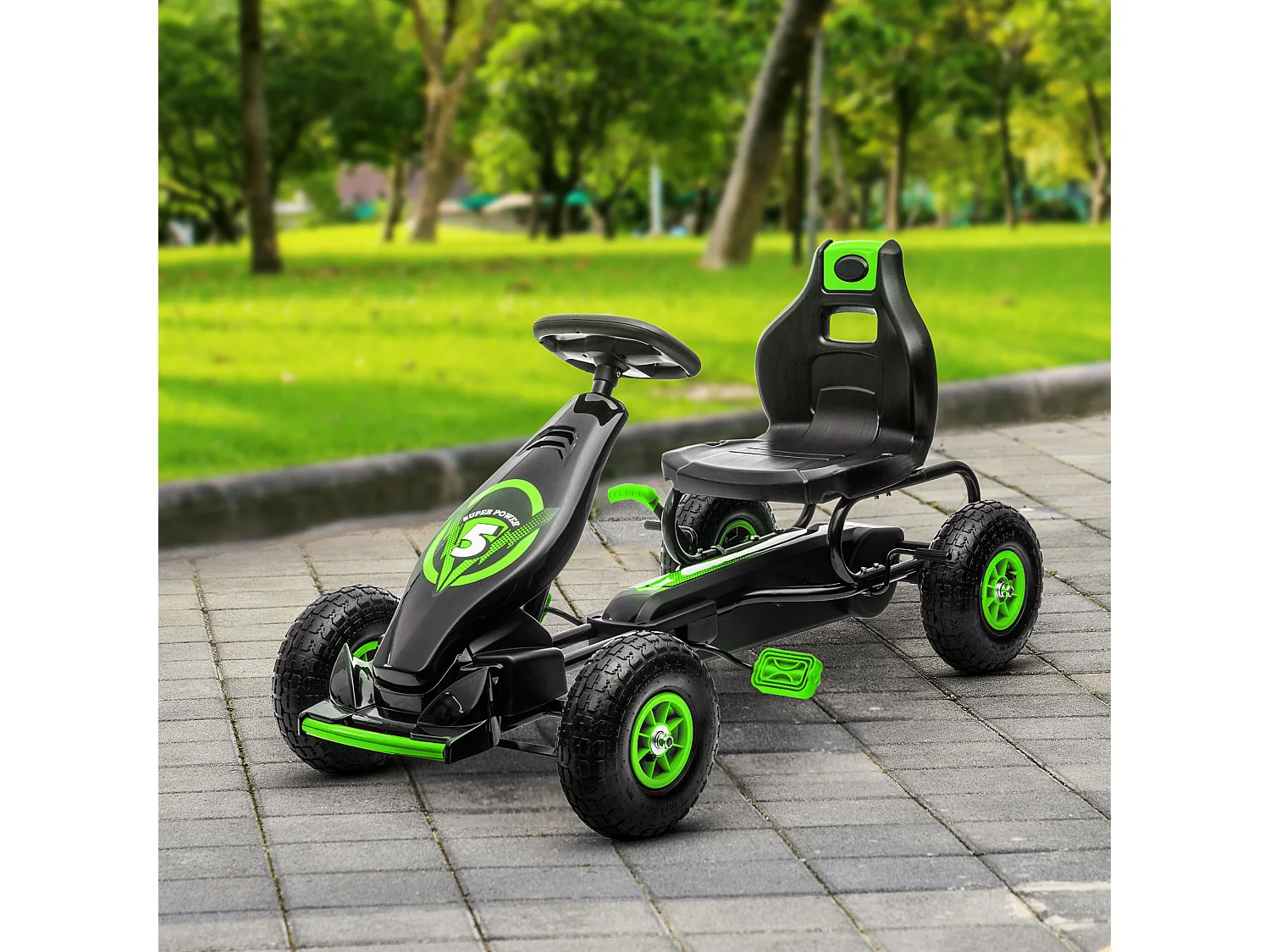 Kart à pédales enfant Go kart Formule 1 Racing Super Power 5 aileron avant pneus gonflables caoutchouc noir vert