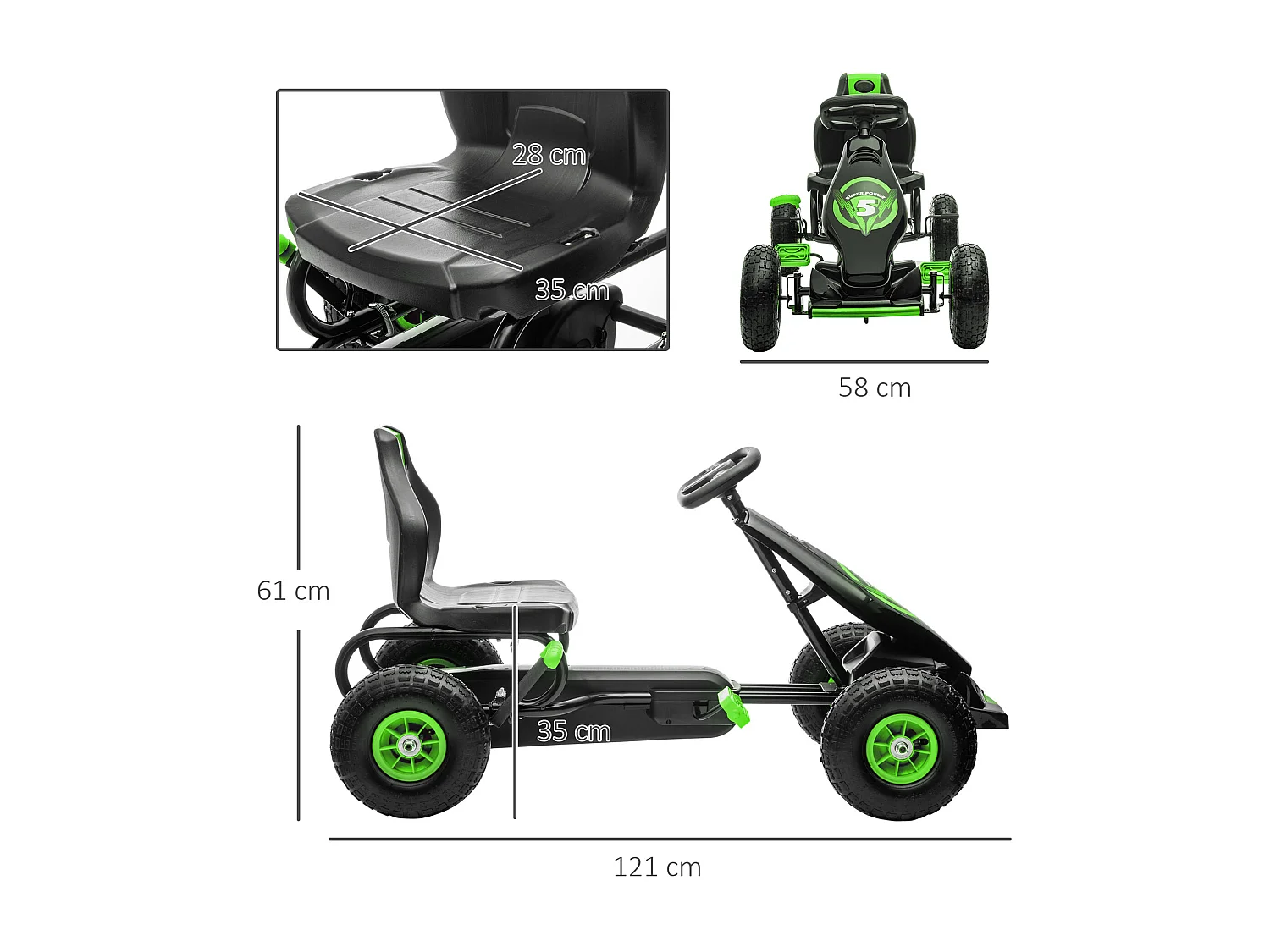 Kart à pédales enfant Go kart Formule 1 Racing Super Power 5 aileron avant pneus gonflables caoutchouc noir vert