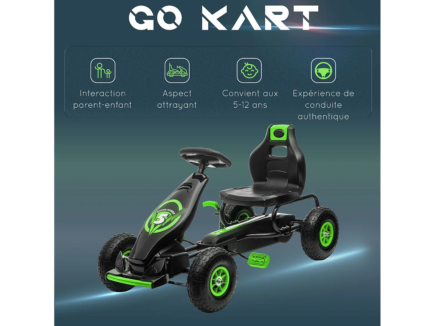 Kart à pédales enfant Go kart Formule 1 Racing Super Power 5 aileron avant pneus gonflables caoutchouc noir vert