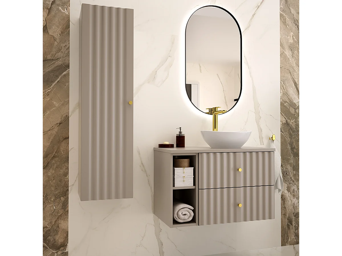 Ensemble meuble simple vasque 80cm 2 niches et colonne Izae Cachemire