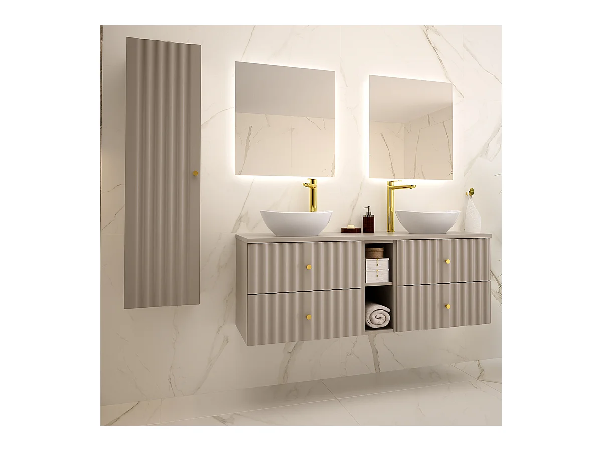 Ensemble meuble double vasque 140cm 2 niches et colonne Izae Cachemire