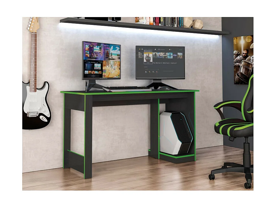 Bureau Gamer Noir Chants Verts 1 Caisson UC L 136 H 75 P 54 cm