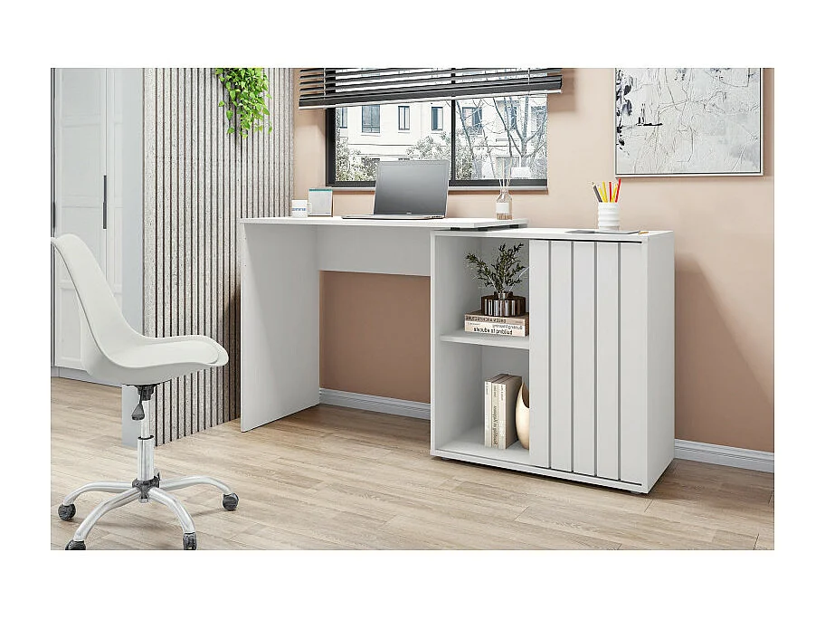 Bureau d'angle Blanc Armoirette 1 Porte 3 Niches L 139.9 H 75 P 45.1 cm