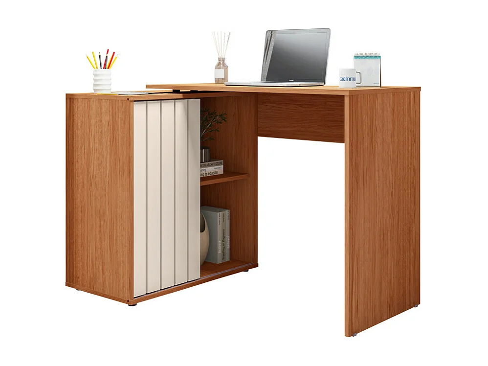 Bureau d'angle Miel et Blanc Armoirette 1 Porte 3 Niches L 139.9 H 75 P 45.1 cm
