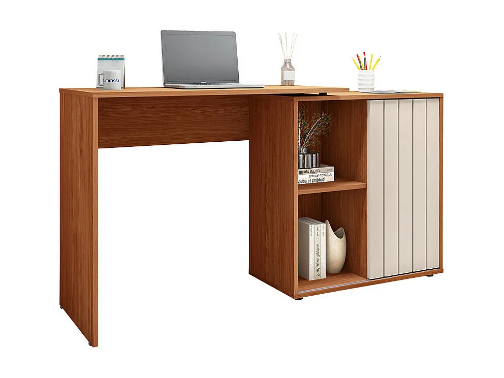 Bureau d'angle Miel et Blanc Armoirette 1 Porte 3 Niches L 139.9 H 75 P 45.1 cm