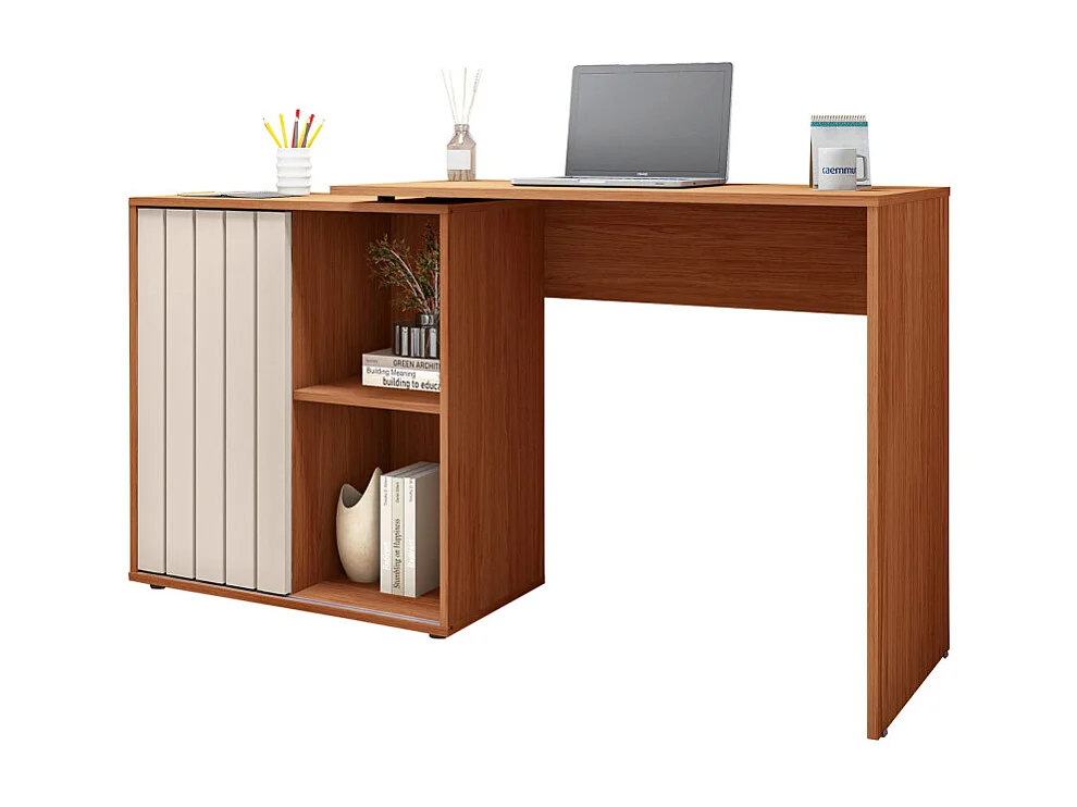 Bureau d'angle Miel et Blanc Armoirette 1 Porte 3 Niches L 139.9 H 75 P 45.1 cm