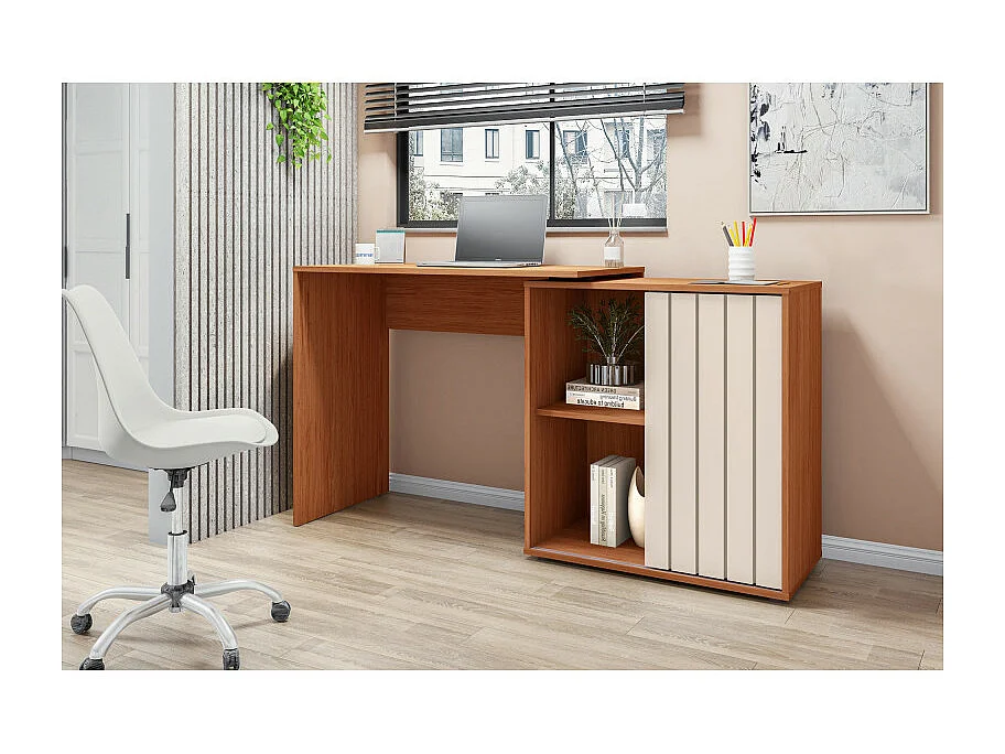 Bureau d'angle Miel et Blanc Armoirette 1 Porte 3 Niches L 139.9 H 75 P 45.1 cm