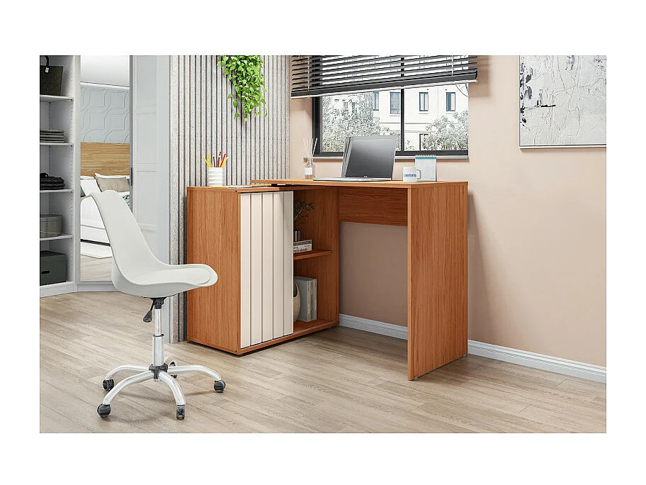 Bureau d'angle Miel et Blanc Armoirette 1 Porte 3 Niches L 139.9 H 75 P 45.1 cm