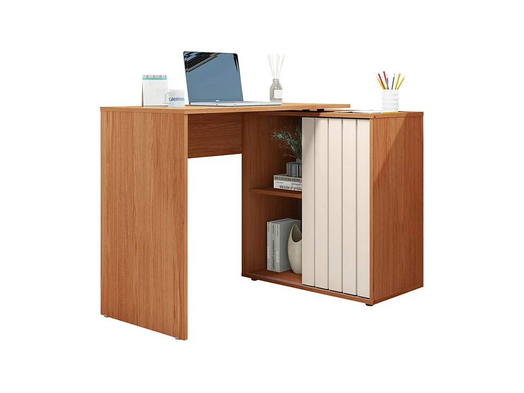 Bureau d'angle Miel et Blanc Armoirette 1 Porte 3 Niches L 139.9 H 75 P 45.1 cm