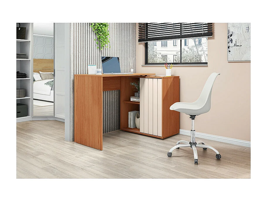 Bureau d'angle Miel et Blanc Armoirette 1 Porte 3 Niches L 139.9 H 75 P 45.1 cm