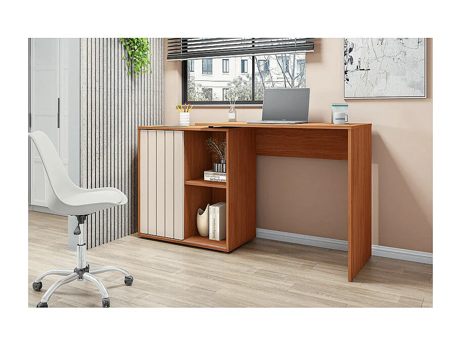 Bureau d'angle Miel et Blanc Armoirette 1 Porte 3 Niches L 139.9 H 75 P 45.1 cm