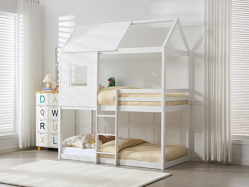 Etagenbett in Hausoptik - 2 x 90 x 190 cm - Kiefer & MDF - Weiß - LIDOVARA