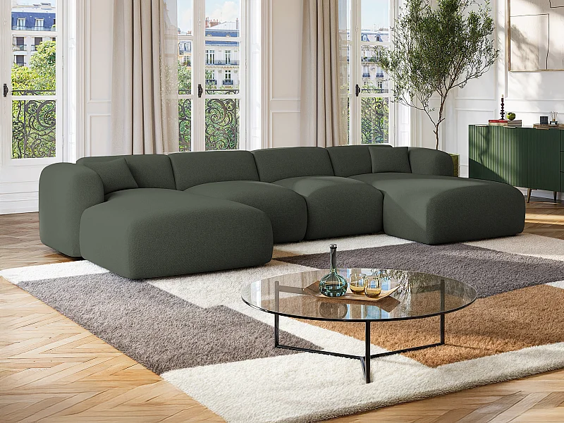 Grand canapé d'angle panoramique en tissu chiné vert POGNI de Maison Céphy