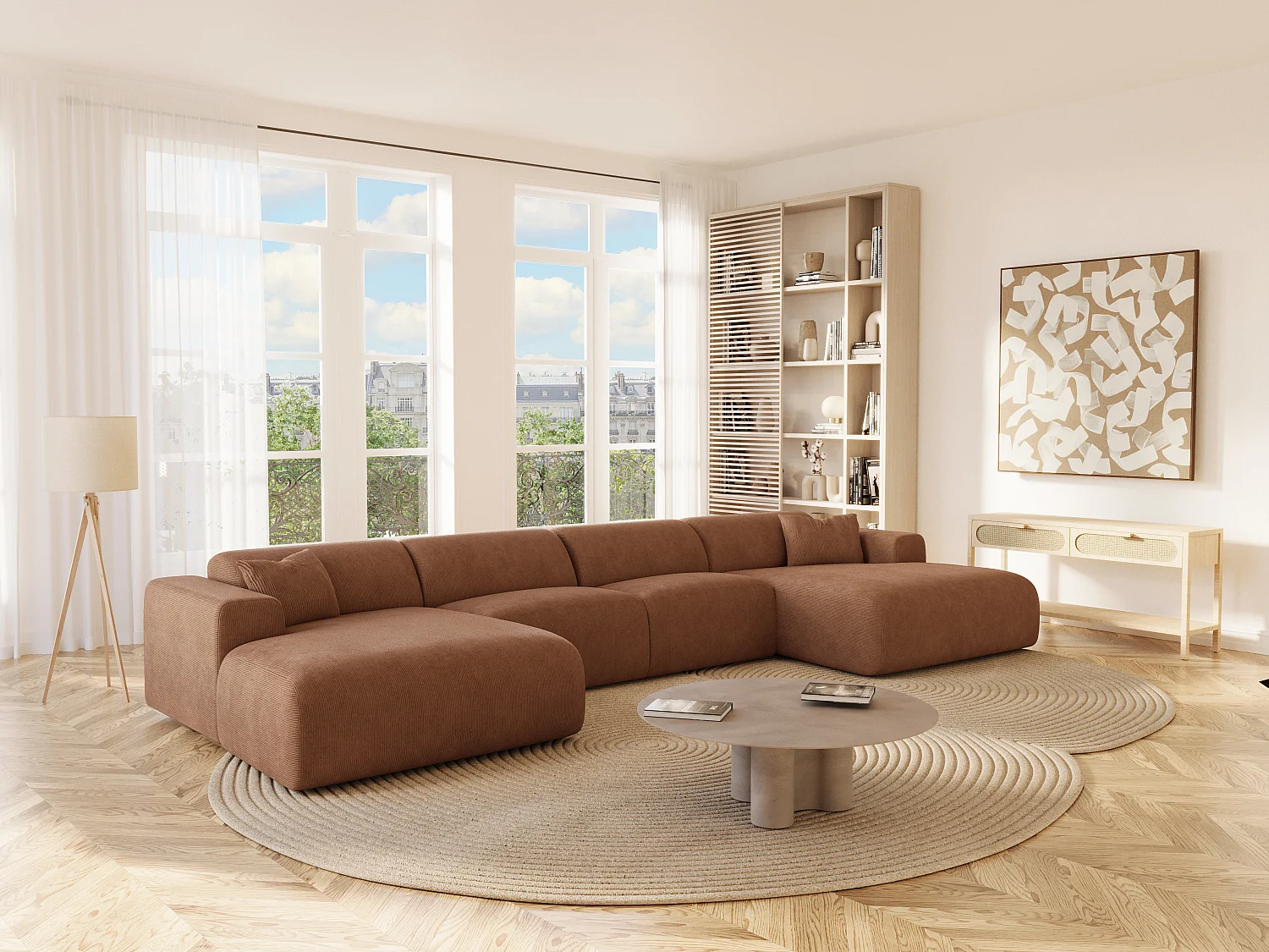 Grand Canapé d'angle panoramique en velours côtelé fines côtes terracotta POGNI de Maison Céphy
