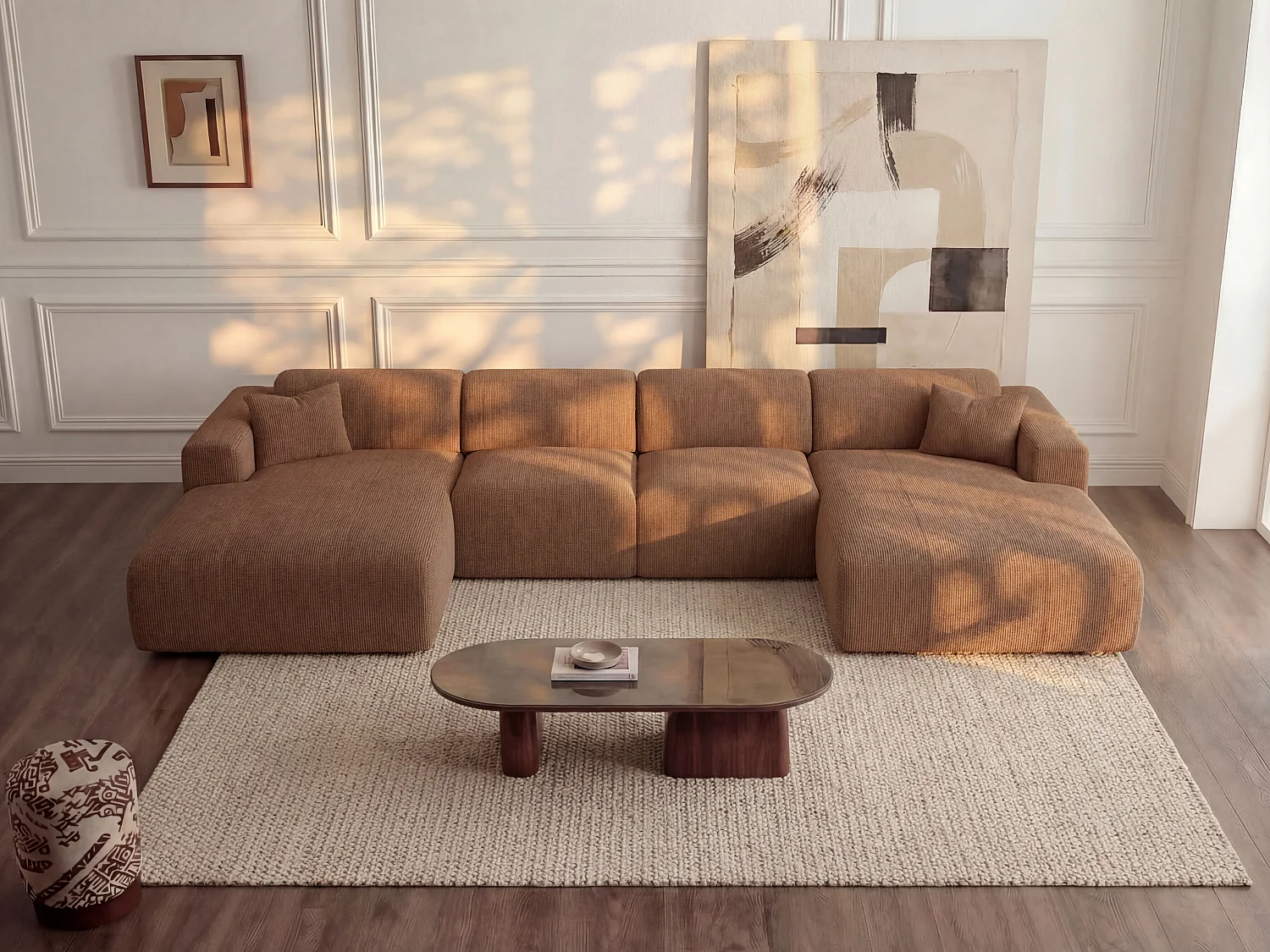 Grande sofá de canto panorâmico em veludo canelado terracota - POGNI de Maison Céphy