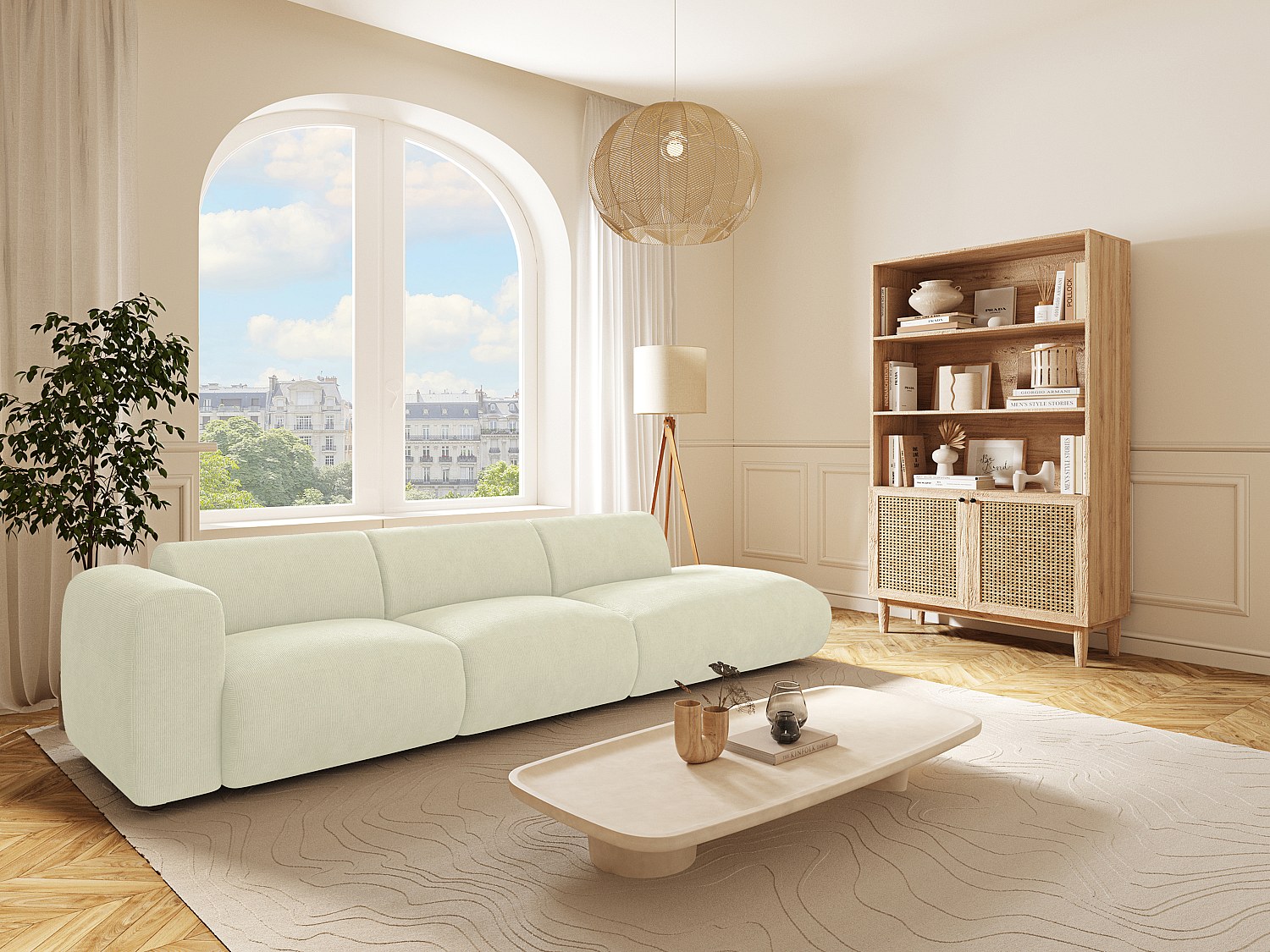 Großes Sofa 5-Sitzer - Armlehne links - Samt-Stoff - Off-White - POGNI von günstig online kaufen