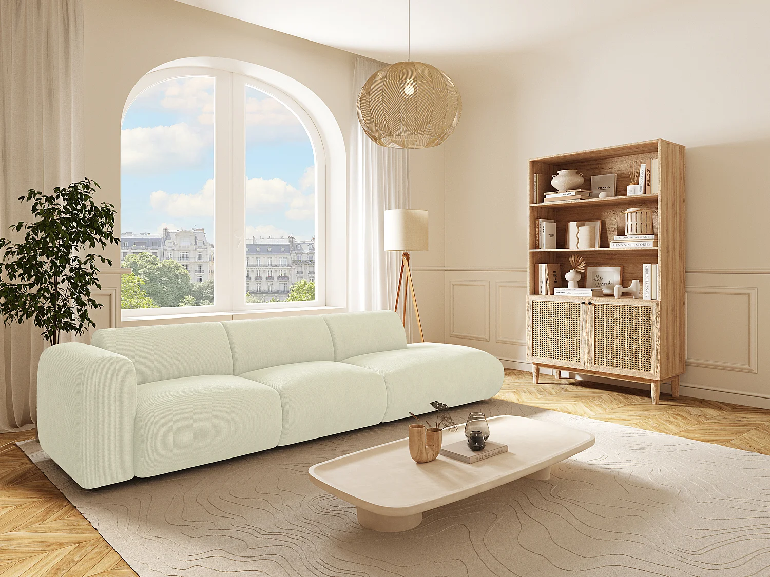 Grand canapé 5 places accoudoir gauche en velours côtelé fines côtes blanc cassé POGNI de Maison Céphy