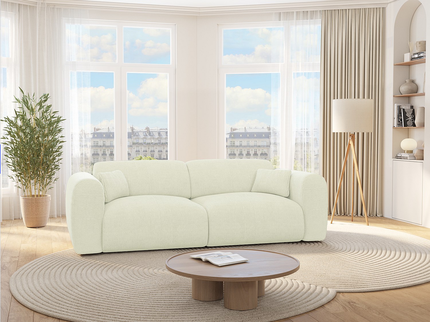 Sofa mit Schlaffunktion 4-Sitzer - Samt-Stoff - Off-White - POGNI von Maiso günstig online kaufen