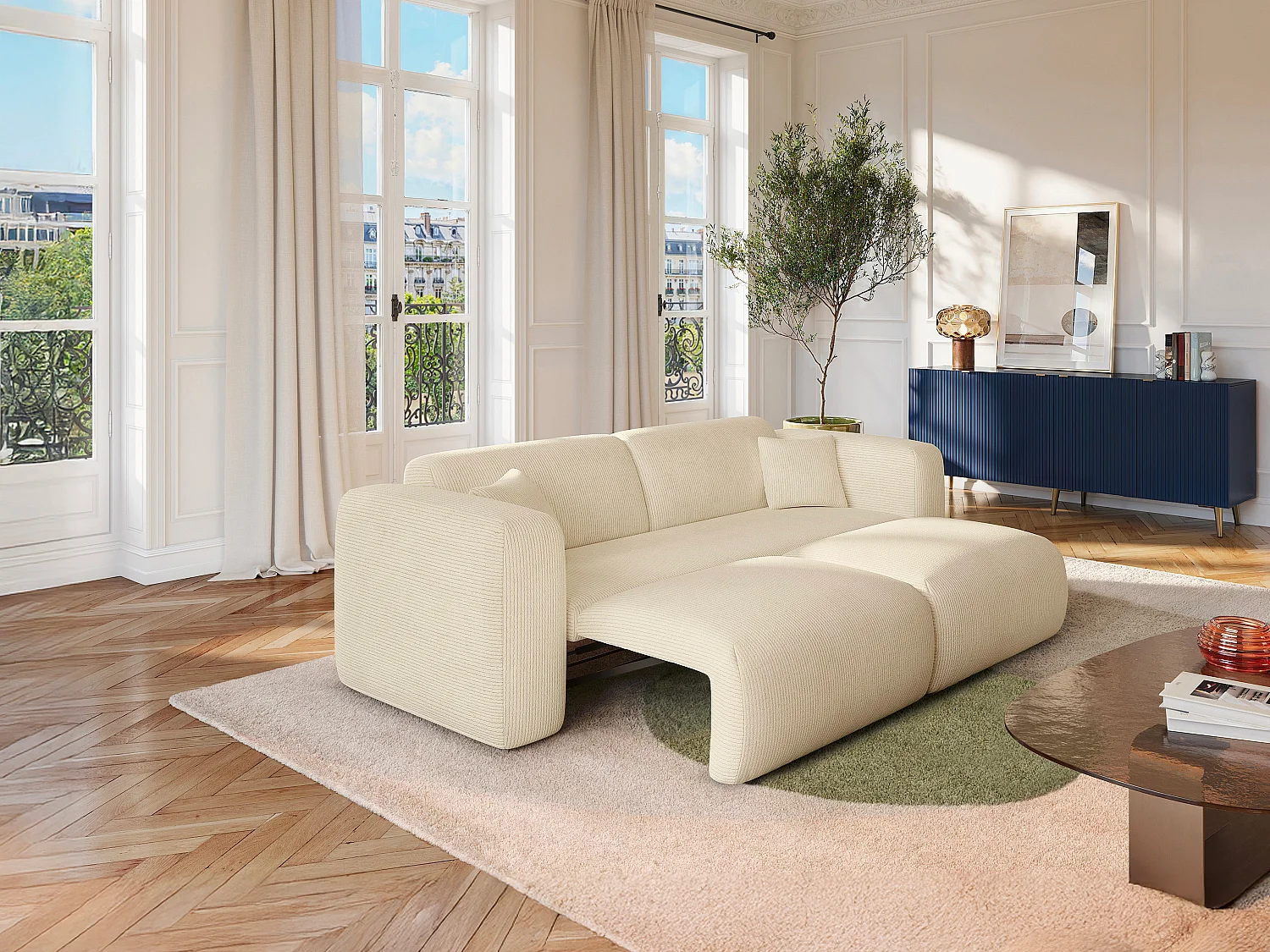 Canapé 4 places convertible en velours côtelé fines côtes blanc cassé POGNI de Maison Céphy