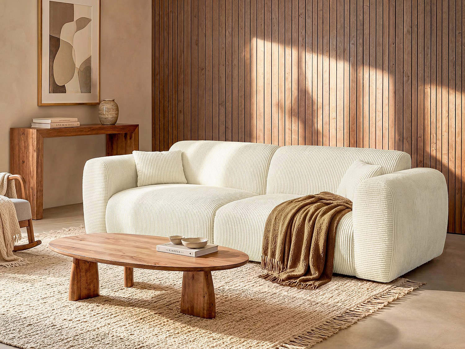 Sofa mit Schlaffunktion 4-Sitzer - Samt-Stoff - Off-White - POGNI von Maiso günstig online kaufen