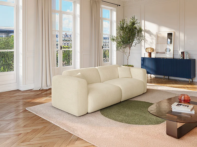 Sofa mit Schlaffunktion 4-Sitzer - Samt-Stoff - Off-White - POGNI von Maison Céphy