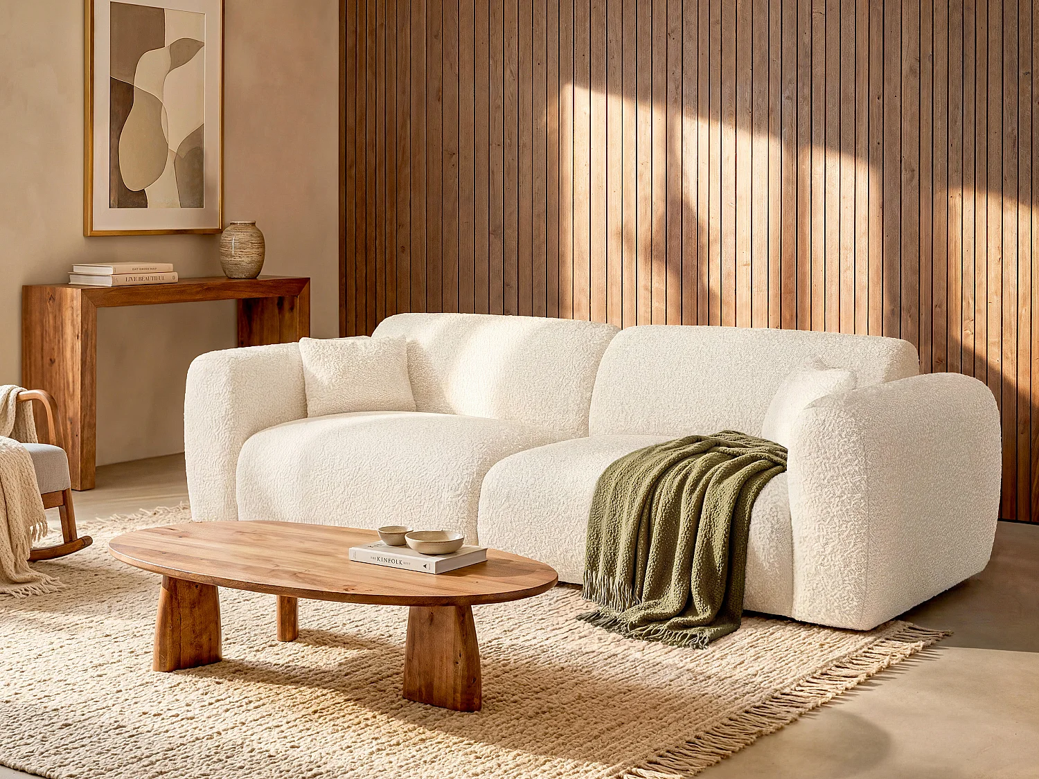 Canapé 4 places convertible en tissu bouclette blanc POGNI de Maison Céphy