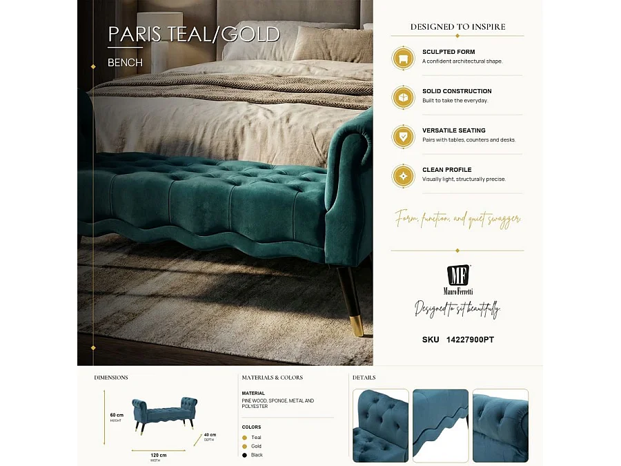 Paris bænk ottan/guld cm 120x40x60