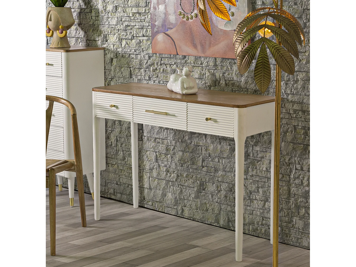 Console en Bois 3 Tiroirs "Matera" 107cm Blanc & Naturel