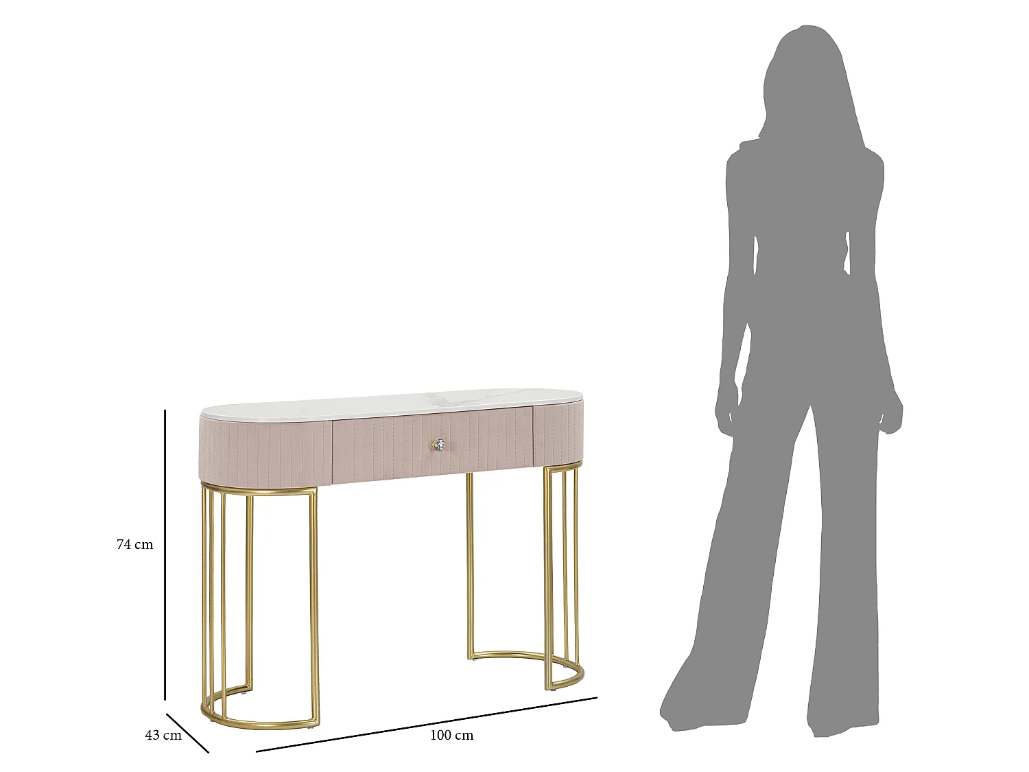 Consoletafel in metaal, stof, hout, goud, roze, wit, 100 x 40 x 75 cm