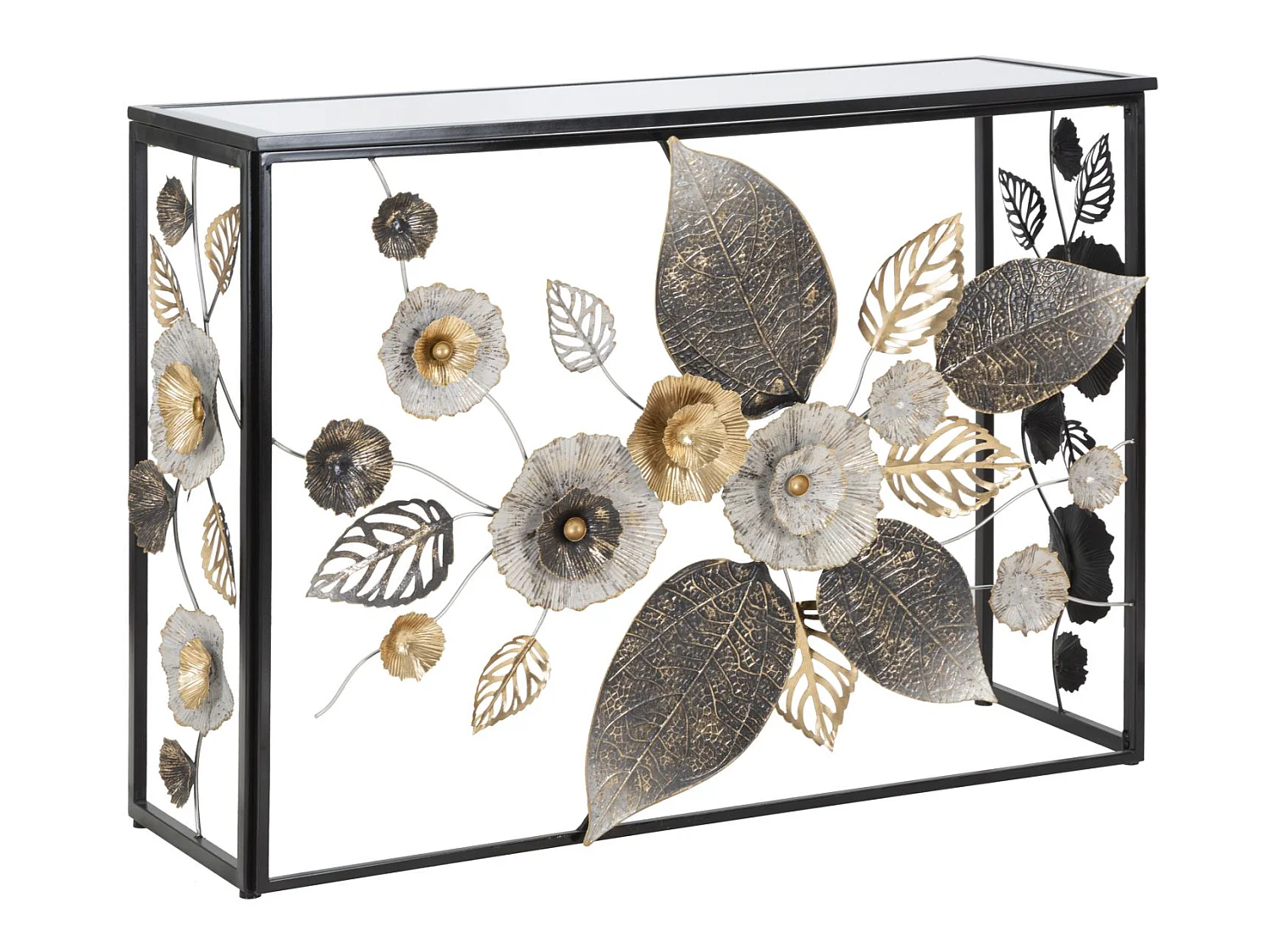 Console en métal noir avec fleurs et plateau en verre 112x42x80 cm