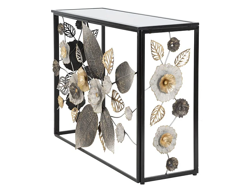 Console en métal noir avec fleurs et plateau en verre 112x42x80 cm