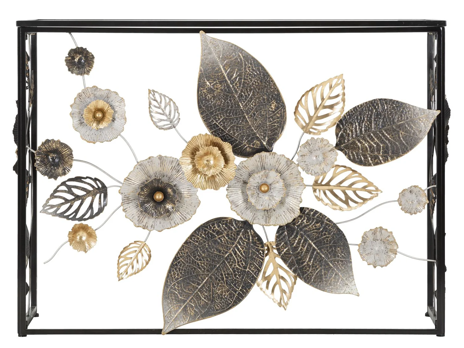 Console en métal noir avec fleurs et plateau en verre 112x42x80 cm