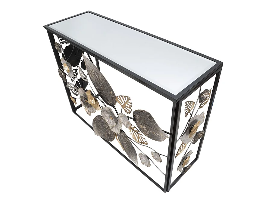 Console en métal noir avec fleurs et plateau en verre 112x42x80 cm