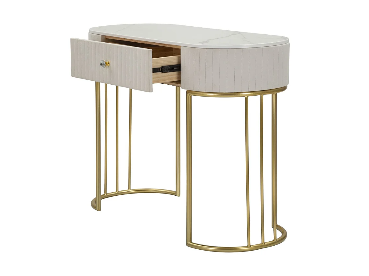 Console Montpellier Crema Glam - Struttura in metallo dorato con top in simil marmo e tessuto color crema 100x40x75 cm - Mobile Elegante