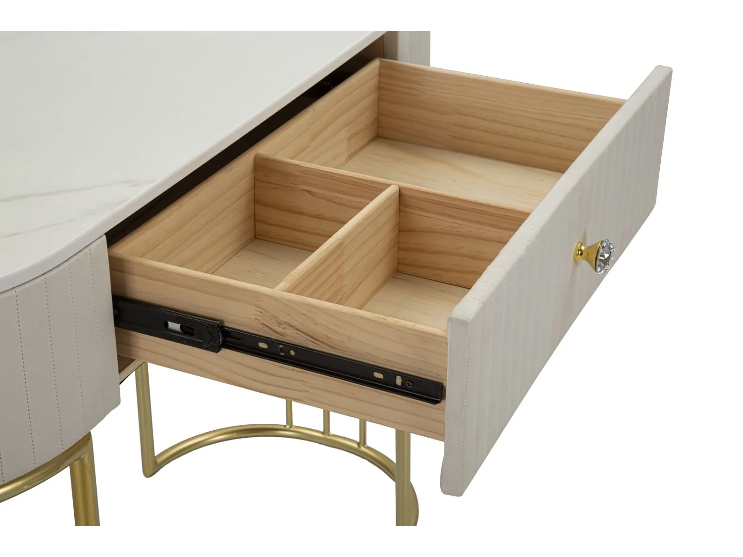 Console Montpellier Crema Glam - Struttura in metallo dorato con top in simil marmo e tessuto color crema 100x40x75 cm - Mobile Elegante