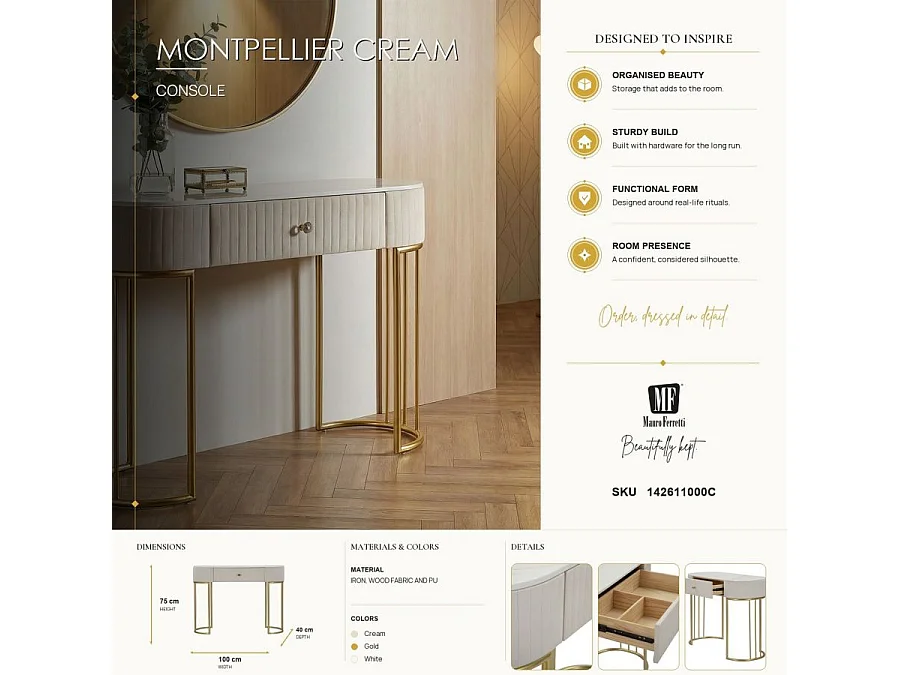 Console Montpellier Crema Glam - Struttura in metallo dorato con top in simil marmo e tessuto color crema 100x40x75 cm - Mobile Elegante