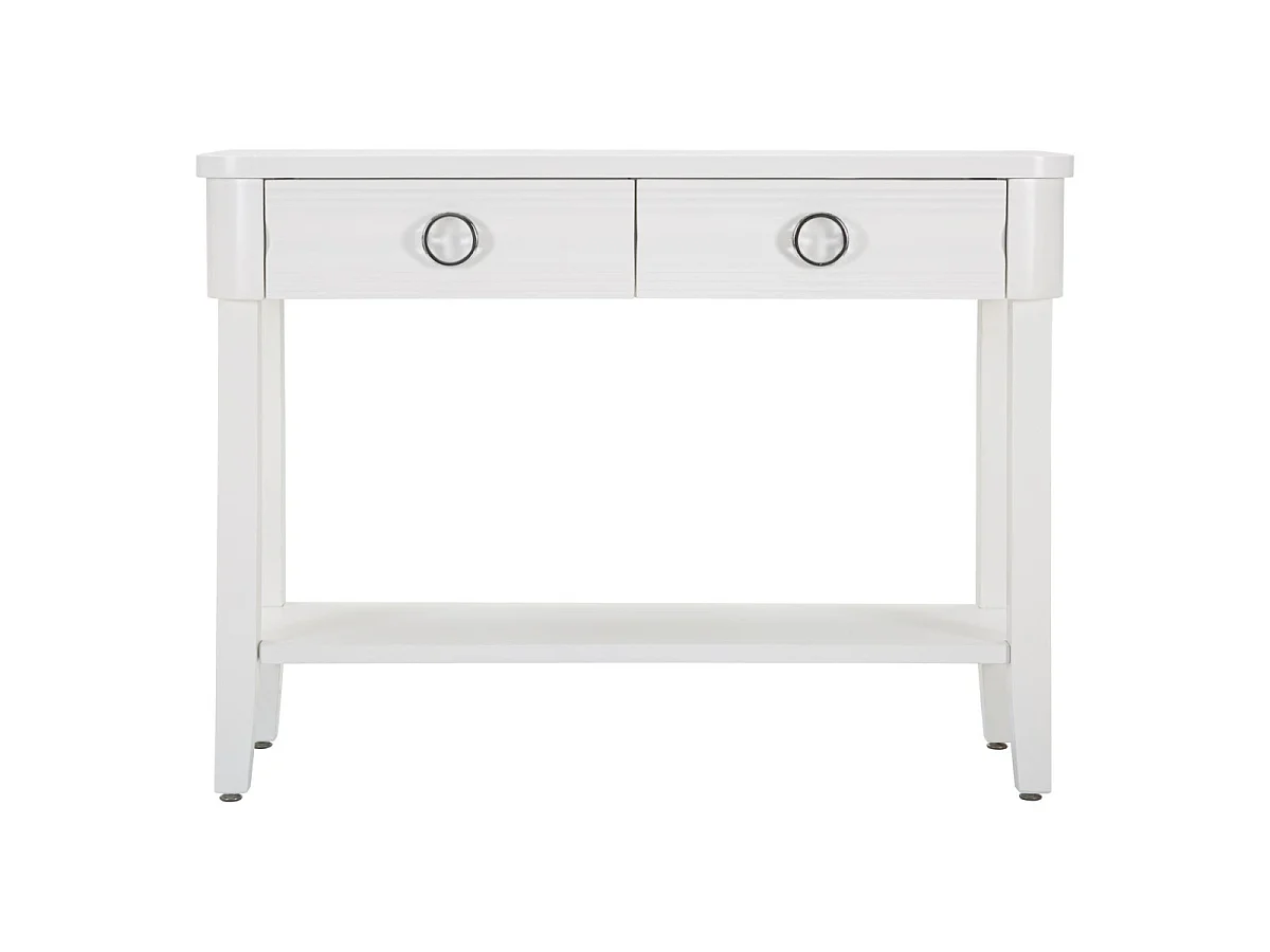 Konsola Shine 110x40x82 cm z białego drewna - Szafka z 2 szufladami i półką - Estetyczne linie i nowoczesny design - Konstrukcja z drewna jodłowego i płyty MDF