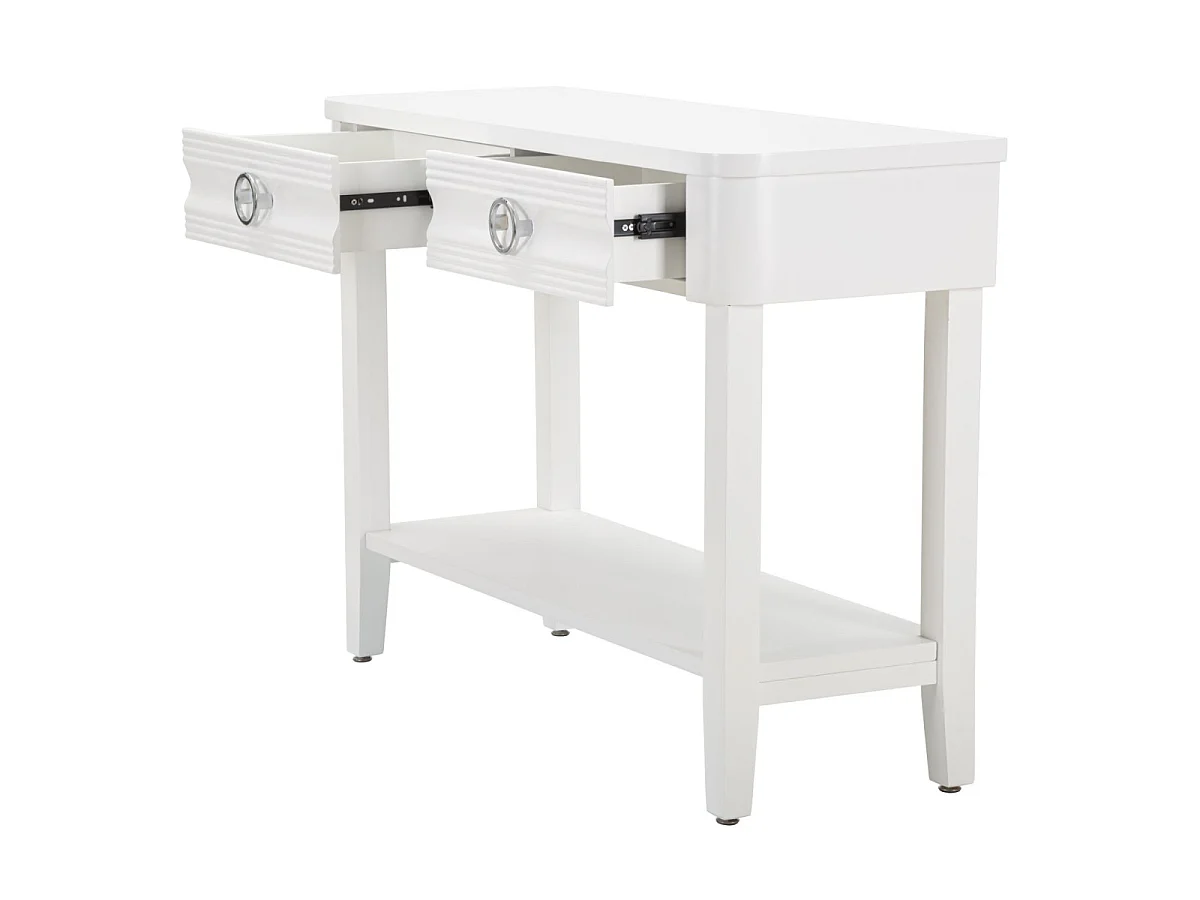Konsola Shine 110x40x82 cm z białego drewna - Szafka z 2 szufladami i półką - Estetyczne linie i nowoczesny design - Konstrukcja z drewna jodłowego i płyty MDF