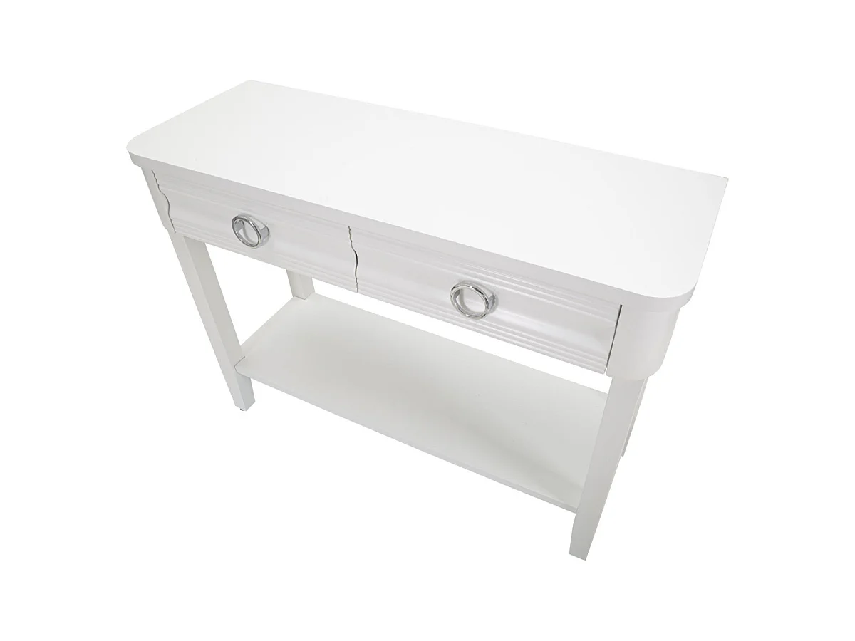 Konsola Shine 110x40x82 cm z białego drewna - Szafka z 2 szufladami i półką - Estetyczne linie i nowoczesny design - Konstrukcja z drewna jodłowego i płyty MDF