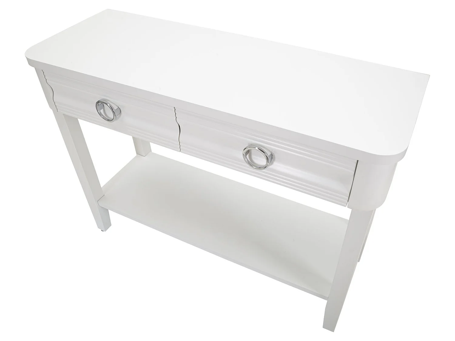 Konsola Shine 110x40x82 cm z białego drewna - Szafka z 2 szufladami i półką - Estetyczne linie i nowoczesny design - Konstrukcja z drewna jodłowego i płyty MDF
