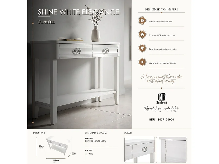 Konsola Shine 110x40x82 cm z białego drewna - Szafka z 2 szufladami i półką - Estetyczne linie i nowoczesny design - Konstrukcja z drewna jodłowego i płyty MDF