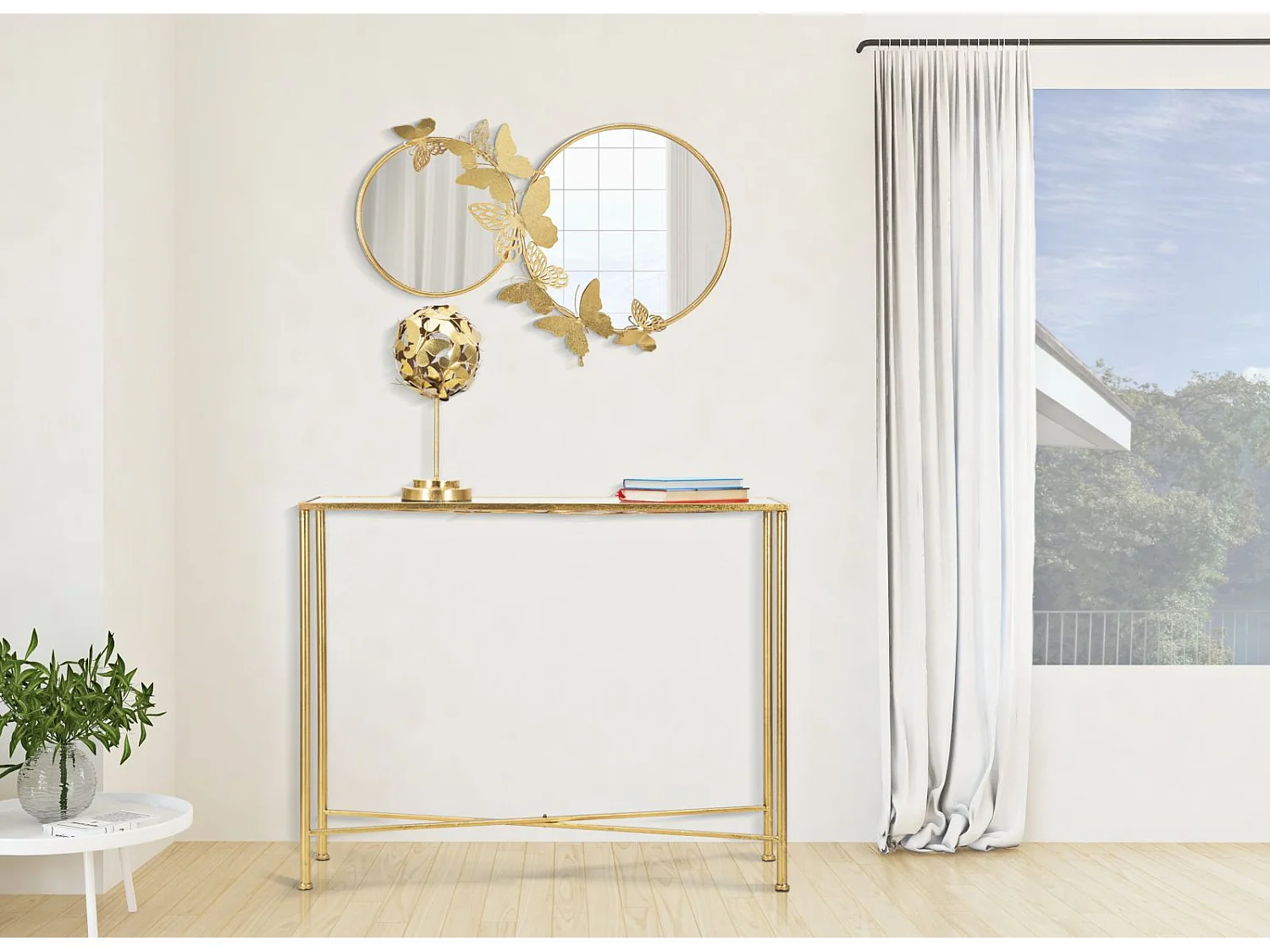 Console en métal doré avec papillons 100x35x80 cm