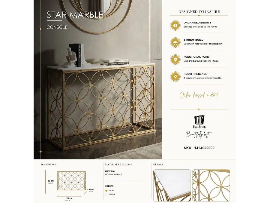 Console Design en Marbre "Star" 120cm Blanc & Or